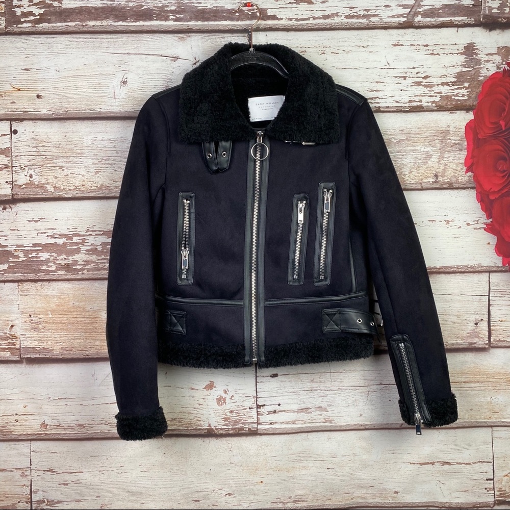 ZARA, Faux Shearling Short Moto Jacket xs